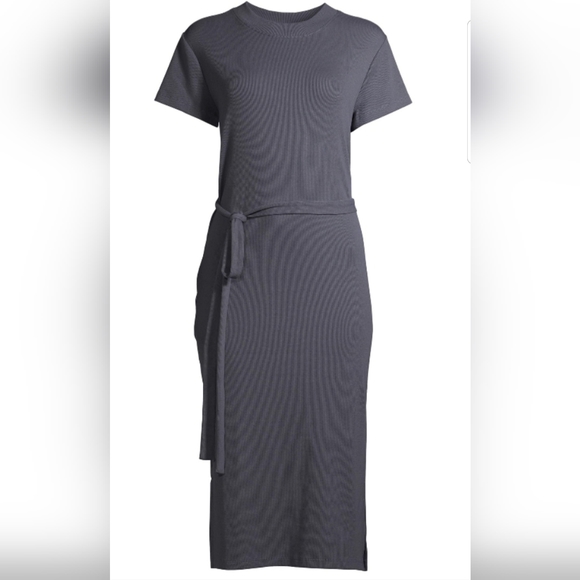 Time and Tru Long Midi Short Sleeve Belted Gray Side Splits Dress Large - Picture 2 of 9